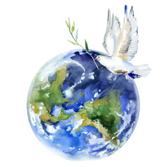 Peace On Earth. Flying white dove and olive branch watercolor illustration. Symbol of peace. white Pigeon isolated on white  - 536364707