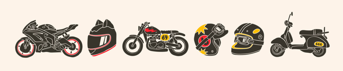 Classic Motorcycle, sport bike, scooter and helmets. Two-wheeled vehicles. Personal transport. Hand drawn trendy Vector isolated illustrations. Logo, icon, poster, print templates. Vintage style
