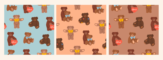 Fototapeta na wymiar Cute Teddy Bears. Various funny characters. Valentines day, love, romance, toy, gift concept. Cartoon style. Hand drawn colorful Vector illustration. Set of three square seamless Patterns