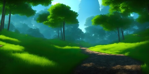 Fototapeta premium Beautiful landscape for printing. Walking path in the mountain forest.. High quality Illustration