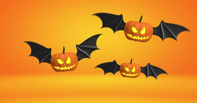 Halloween concept: 3D rendered spooky smiling orange pumpkins with black bat wings flying on orange color background. Template for product display or messages on screen. Seasonal shopping card, web ba
