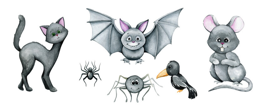 cat rat spider bat. Watercolor animals in cartoon style, a symbol of the Halloween holiday
