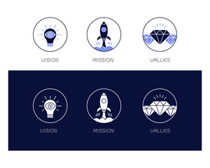 Vector Icons of Vision, Mission, and Values. Solid/Glyph Style 