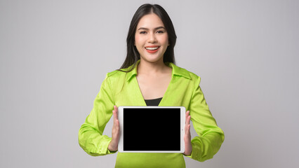 Beautiful woman using tablet over white background, technology concept. .