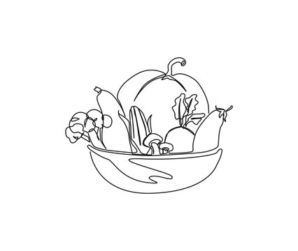 Continuous one line drawing of vegetable on the bowl. Vegetables hand drawn single line art vector illustration.