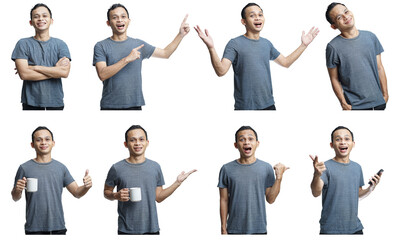 collection bundle images of happy face handsome asian man with various expression isolated on white background