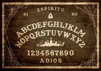 Plantilla gráfica inspirada en Ouija Board. Símbolos en blanco y negro de luna, sol, textos y alfabeto. tipografía gótica. Juego de llamadas de fantasmas y demonios.	
