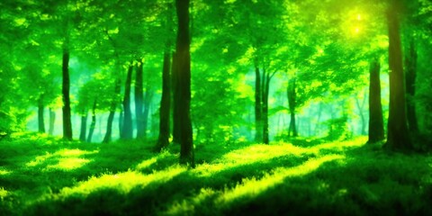 Sunshine forest trees. Peaceful outdoor scene - wild woods nature. Sun through green forest nature. Peaceful outdoor woods nature. Green trees in light. Green nature tranquility. Sunlight green forest