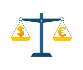 Dollar vs Euro on balance. Scales with money. Vector stock illustration.