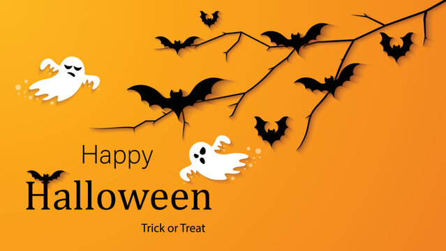 Happy Halloween concept of bats on tree branch and ghost roaming around situated on dark yellow background vector image.