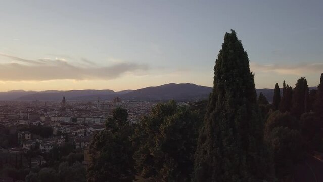 Florence Tuscany Italy Skyline Drone Aerial footage during golden hour