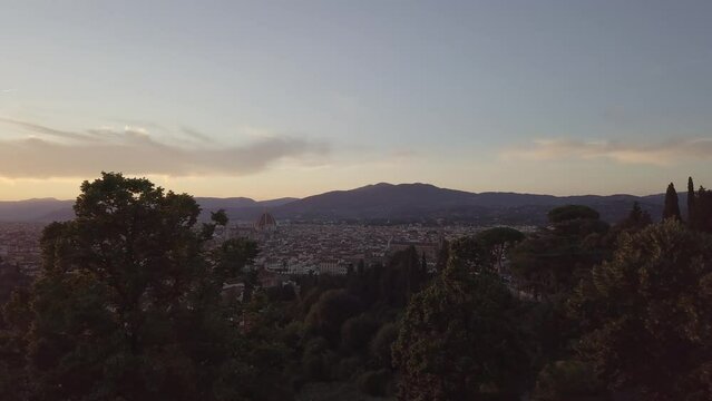 Florence Tuscany Italy Skyline Drone Aerial footage during golden hour