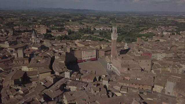 Siena Italy Cathedral Duomo in Tuscany, Drone Aerial footage during golden hour