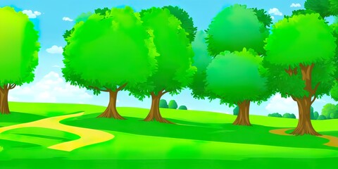 Trees and bushes in park with paths, landscape of yard with lush greenery, forest or woods. Idyllic place for leisure and recreation, outdoors scene, summer or spring season cartoon style Image. High