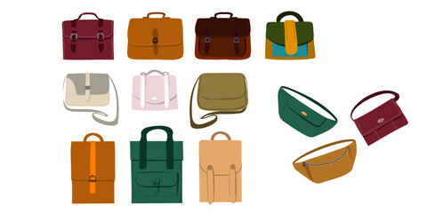 Set of colorful stylish cartoon female bags isolated on white background. Collection of luxury modern leather accessories.
Flat vector illustration