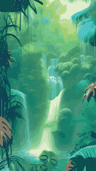 Waterfall in green jungle rainforest vector illustration.