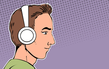 The boy listens to music with headphones. Teen boy. Cartoon vector illustration hand drawn pop art style. Background with place for text