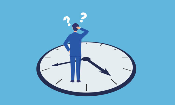 時計の上に立って頭を抱えるビジネスマンのイラスト、ベクター