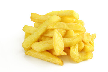 Pile of prepared french fries isolated on white background. Potato sliced chips