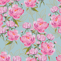 Seamless pattern with watercolor peony bouquets on a blue background.