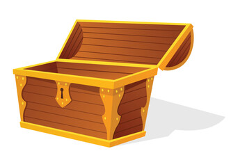Chest. Empty old wooden chest for gold treasure. Cartoon ancient container for pirates isolated vector icon on white. Game wooden antique box for treasure