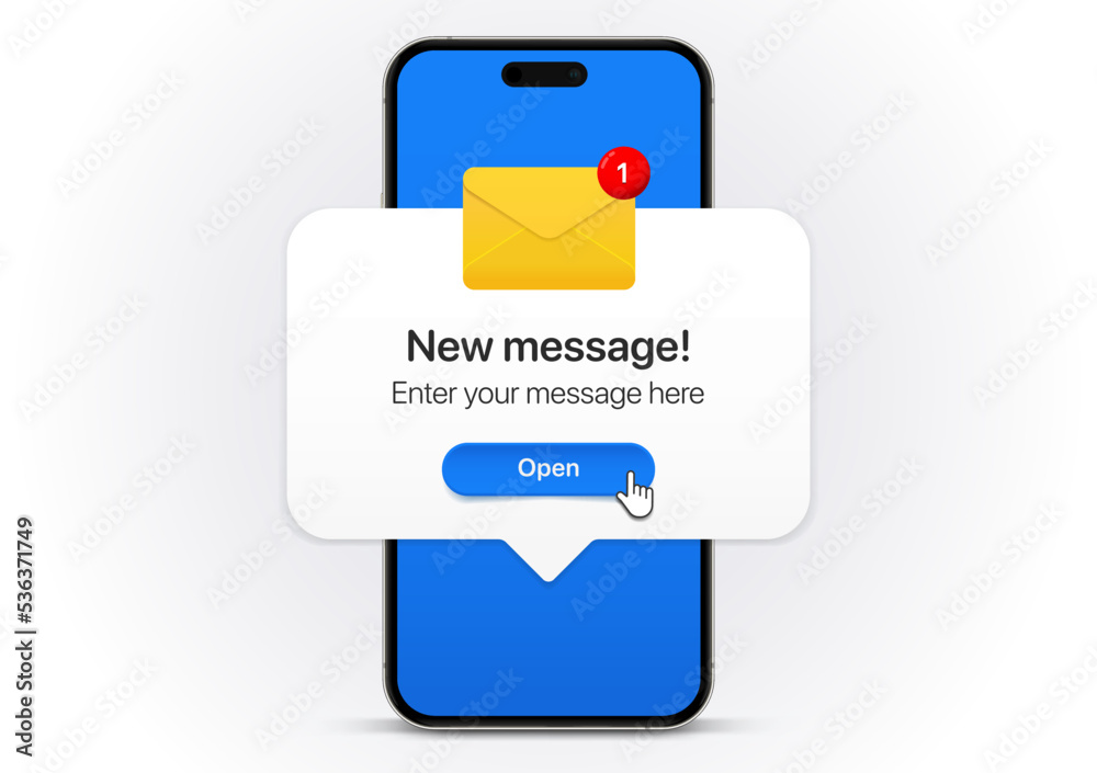 Aufkleber new message notification concept on realistic smartphone mockup. new email pop up. incoming, open me