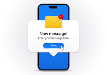 New message notification concept on realistic smartphone mockup. New email pop up. Incoming, open messaging. Chatting, mail, post, letter symbol, sign, emblem with new notification for UI UX website - obrazy, fototapety, plakaty