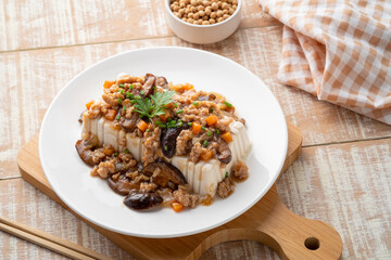 Soft Tofu with pork gravy sauce,Steamed soy bean tofu curd with minced pork carrot onion and shiitake mushroom in gravy sauce