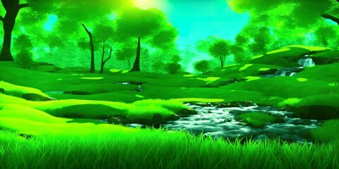 GREEN FOREST LANDSCAPE WITH WATER STREAM, TREES AND FRESH GRASS IN SUN LIGHT, BEAUTY OF SPRING NATURE. High quality Illustration