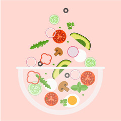 Vegetable salad bowl.Ingredients. Vegetables fall into the bowl. Fashion illustration for websites and print posters. Salad bowl. Salad plate. 