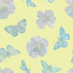 Seamless pattern of butterflies dragonflies and flowers.