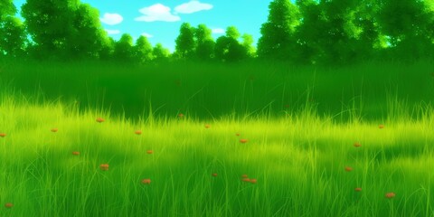 A meadow with tall grass and wild flowers in the woods. Sweden. High quality Illustration