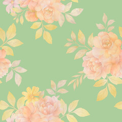 bouquets of flowers with leaves, seamless pattern for design on a green background isolate.