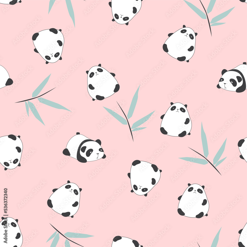 Wall mural vector. hand-drawn pattern with pandas and bamboo branches. cute pandas, bamboo. children's wallpape