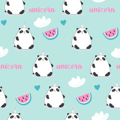 Obraz premium Vector hand drawn seamless pattern with cute panda with unicorn horn. Watermelons, clouds and hearts in the Scandinavian style on the background. Kawaii animals. Children's wallpaper. 