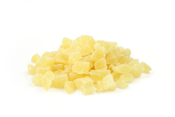 Pile of candied sugary pineapple cubes. Delicious fruity candy