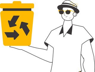 The guy is holding a trash can. Waste recycling concept. Lineart trendy style. Isolated on white background. Vector illustration.
