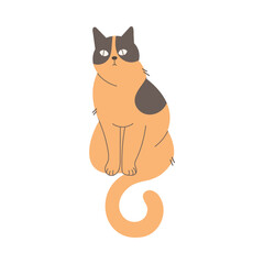 Fluffy Cat with Brown Spotted Coat and Curved Tail Sitting Vector Illustration