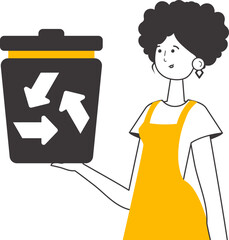 A woman is holding a trash can. The concept of recycling plastic and waste. Linear style. Isolated on white background. Vector illustration.