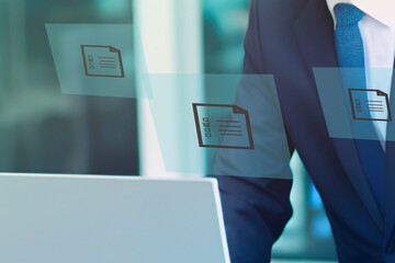 Businessman in office. Data transfer backup, File Sharing, Document Transferring concept.