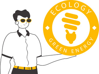 The guy holds the green energy logo in his hand. Linear trendy style. Isolated on white background. Vector illustration.