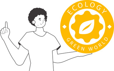 A man holds a green world logo in his hand. Lineart style. Isolated on white background. Vector illustration.