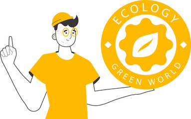The guy holds the green world logo in his hand. Linear style. Isolated on white background. Vector illustration.