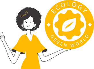 The girl holds the green world logo in her hand. Linear style. Isolated on white background. Vector illustration.