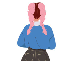 Back View of Woman with Pink Braided Hair Looking at Something Vector Illustration