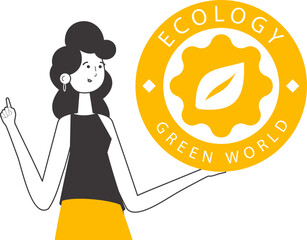 The girl holds the green world logo in her hand. Linear trendy style. Isolated on white background. Vector illustration.