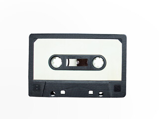black plastic audio cassette with white sticker isolated on white background,Template mockup for...