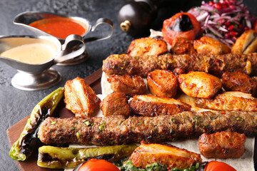 Turkish cuisine. Fried meat, chicken, kebab. Fried vegetables: tomatoes, peppers, onions, pomegranate seeds on pita bread with herbs. Red and white sauces on a black table, salad. Background image