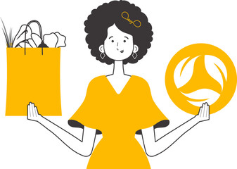 Woman, package with products and eco logo. The concept of ecological products. Linear modern style. Isolated on white background. Vector illustration.