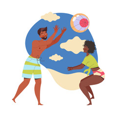 Man and Woman Character Playing Volleyball on Beach Enjoying Summer Vacation and Seaside Rest Vector Illustration